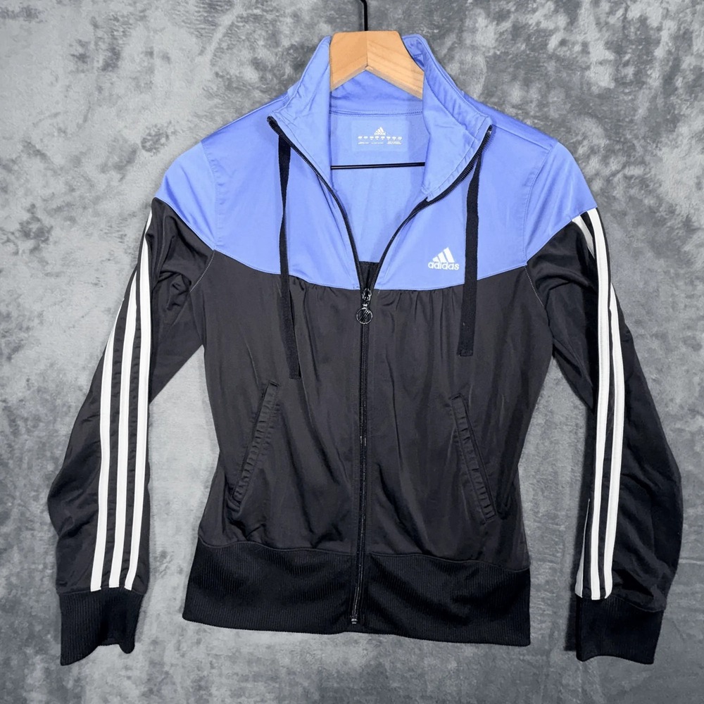 Adidas Womens Track Jacket S Blue Black Full‎ Zip 3 Stripe Athletic